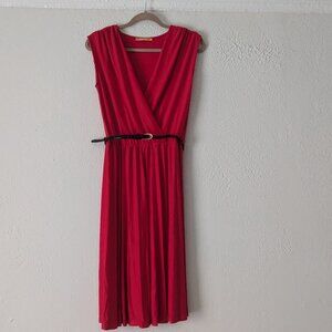 Red Cocktail Dress with Pleated Skirt and Black Belt, Size Medium, Size 8